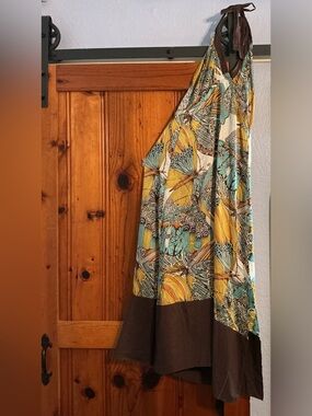 Burning Torch Teal, Yellow & Brown Halter Maxi Dress, Silk